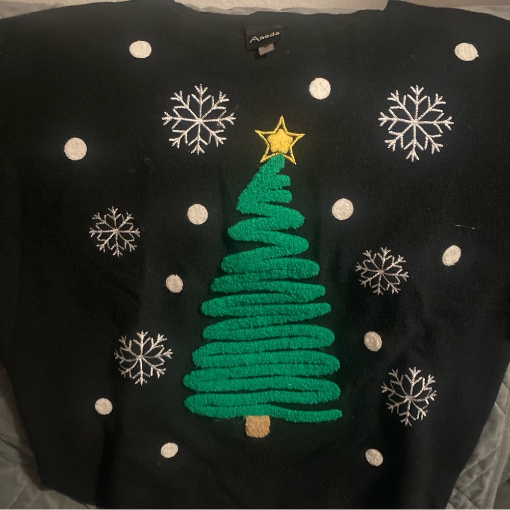 Black Christmas Sweater with Tree and Snowflakes